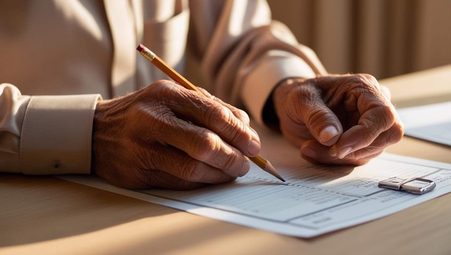 Mains d'une personne agée qui remplit sa déclaration d'imposition